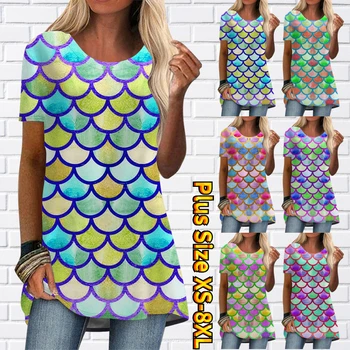 Vara Femeile Pește Scară de Imprimare Tricou Pierde T-shirt Casual Supradimensionate Maneci Scurte Elegante Slim Dimensiune Pulover Guler Rotund Tee